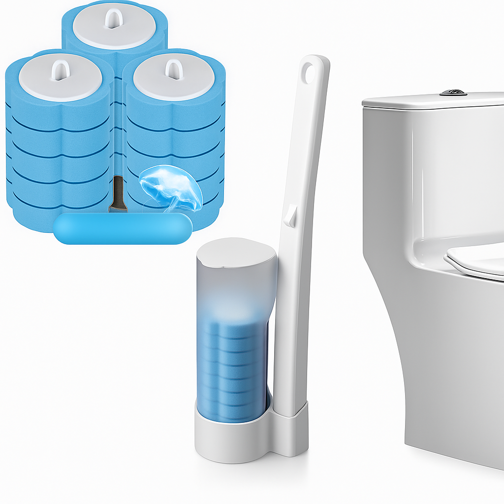 Kit Sistema de limpieza desechable WC- Soporte Inodoro + Cepillo + 24 unidades de detergente prehumidecido.