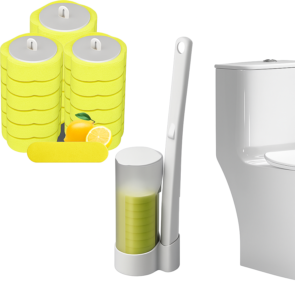 Kit Sistema de limpieza desechable WC- Soporte Inodoro + Cepillo + 24 unidades de detergente prehumidecido.