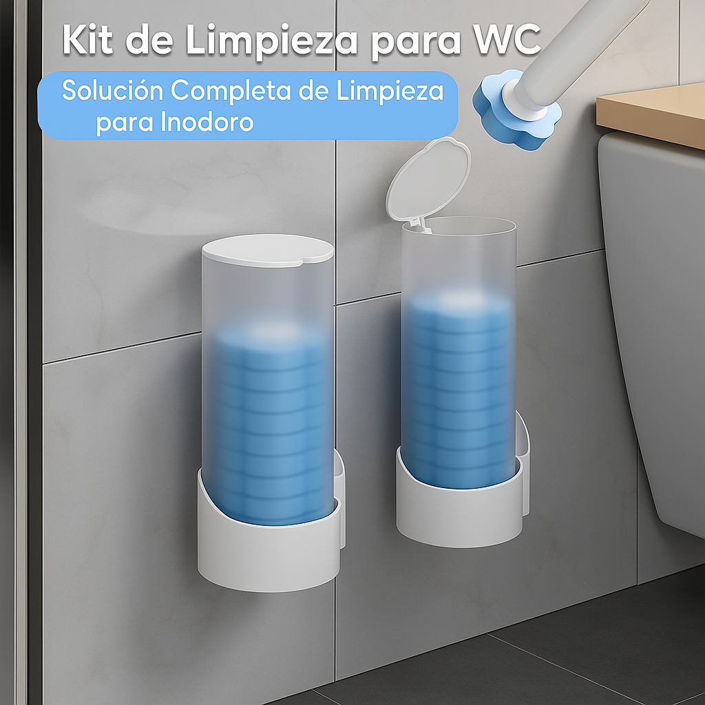 Kit Sistema de limpieza desechable WC- Soporte Inodoro + Cepillo + 24 unidades de detergente prehumidecido.